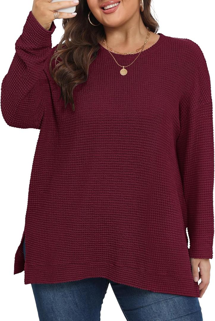 KARALIN Womens Plus Size Tops Fall CrewNeck Waffle Knit Long Sleeve Shirts Side Slits Oversized Sweater Pullover (XXL)