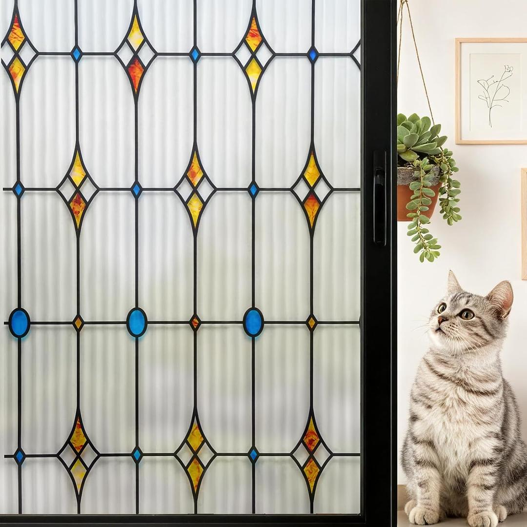 Reeded Glass Window Film, Window Privacy Film, Frosted Glass Window Cling, Stained Decorative Covering for Bathroom Living Room 23.6 x 78.7 inches