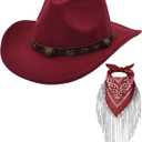 Cowboy Hat with Fringed Bandana Set for Women Wide Brim Western Cowgirl Hat Paisley Head Wrap Scarf