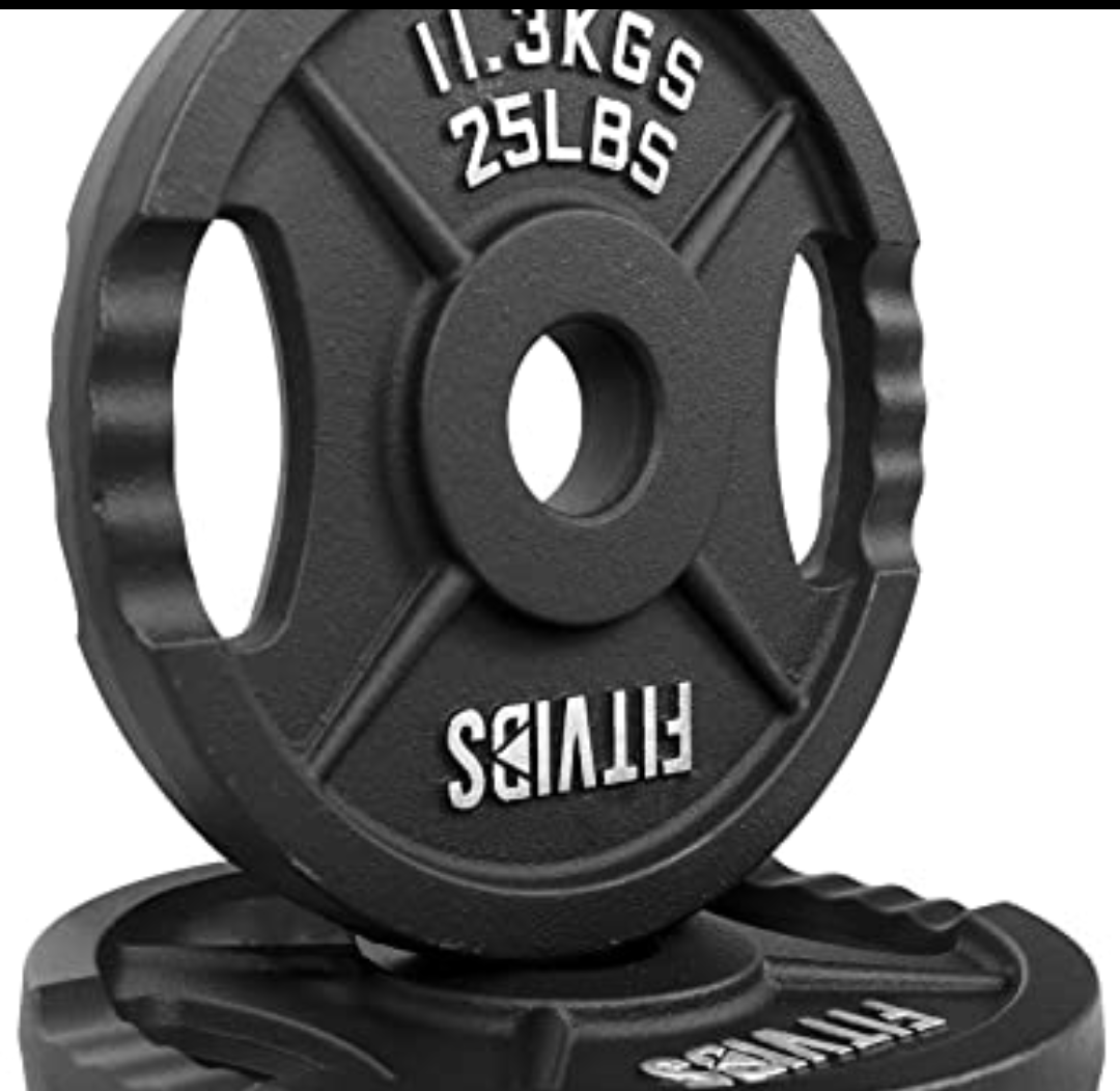 Fitvids Olympic 1-Inch Cast Iron Plate Weight Plate for Strength Training and Weightlifting, Two Hole Style, 25LB Pair