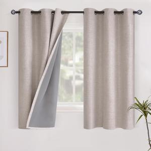 YoungsTex Linen Short Blackout Curtains for Bedroom Kitchen Window, 40 Inch Length Thermal Insulated Black Out Drapes with Grommet Privacy for Bathroom Windows, Beige, 2 Panels, 42 X 40 Inch
