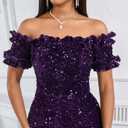 dasmzper Women Sexy Sequin Off Shoulder Ruffle Short Sleeve Bodycon Mermaid Party Formal Evening Maxi Dress (Purple) XXL