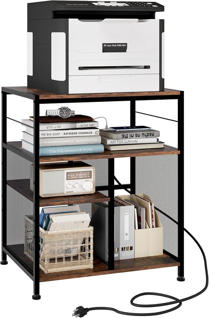 TQVAI Large Printer Stand, 4-Tier Adjustable Height Home Office Printer Table with Power Outlet Charging Station, Wood Stand Desk for Heat Press Scanner Fax, Black/Anqitue