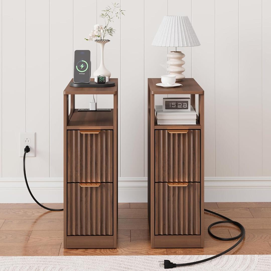 JUSTOGO Narrow Nightstand Set of 2, Fluted End Table with Charging Station, 7.9"W x 15.8"D x 23.9"H