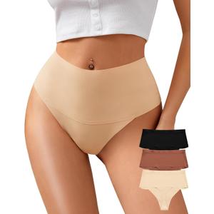K-CHEONY Womens High Waisted Thongs No Show Panties Lightweight Soft Stretch High Cut Underwear 3 Pack (Medium)