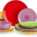 vancasso Bonita Dinnerware Set Muticolor Stoneware 12 Pieces Service for 4, Handpainted Spirals Pattern Stoneware Plates and Bowls Set