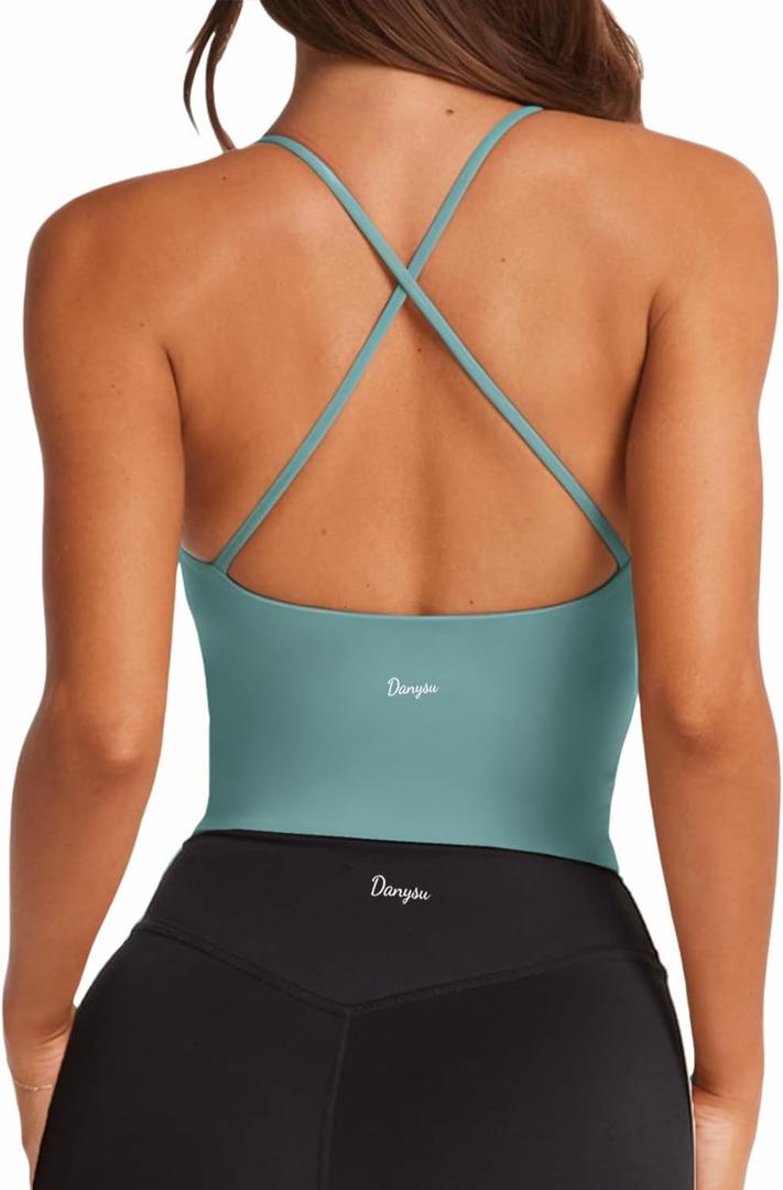Danysu Sculpt Workout Tank Tops Women Backless Longline Sports Bras Strappy Padded Yoga Top (Large)