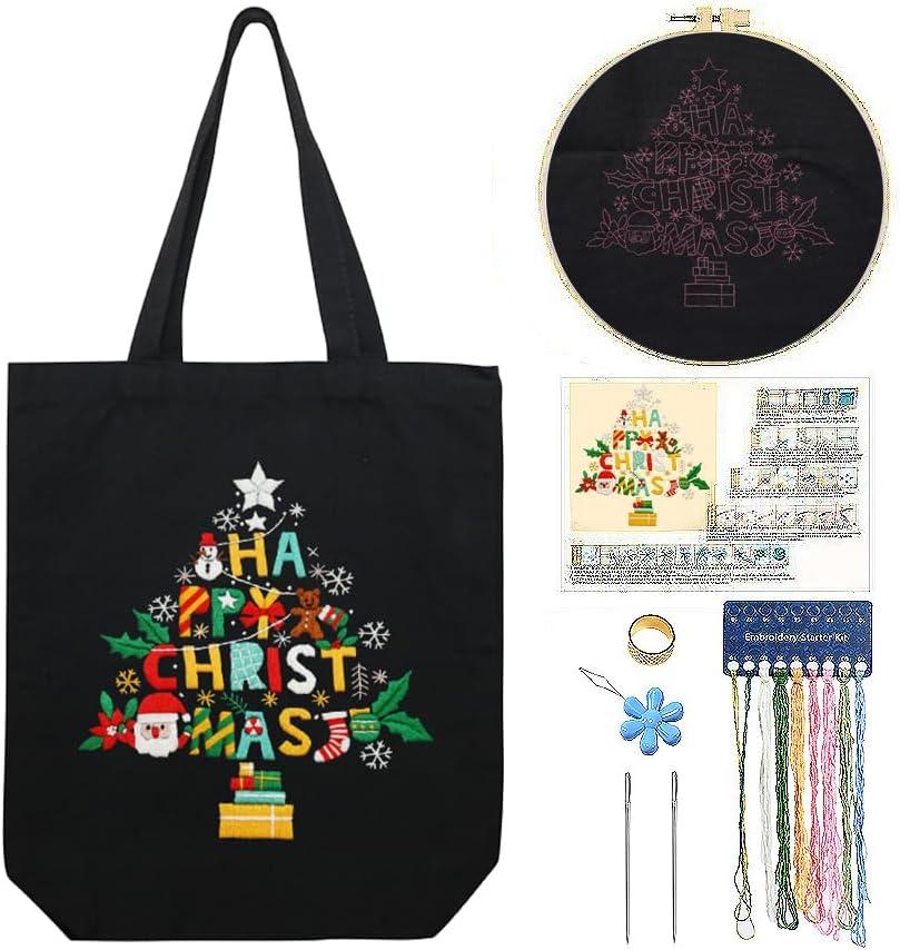 CREAWONDER Canvas Tote Bag Embroidery Kit with Pattern for Beginners, Arts and DIY Embroidery Crafts Kits for Adults, Include Instructions, Thimble, Embroidery Hoops, Color Threads and Tool (CR002 Christmas tree black)