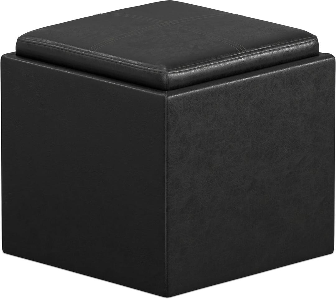 SIMPLIHOME Rockwood 18 inch Wide Contemporary Square Cube Storage Ottoman with Tray in Distressed Black Vegan Faux Leather, Assembled, For the Living Room, Entryway and Family Room SIMPLIHOME Rockwood 18 inch Wide Contemporary Square Cube Storage Ottoman with Tray in Distressed Black Vegan Faux Leather, Assembled, For the Living Room, Entryway and Family Room