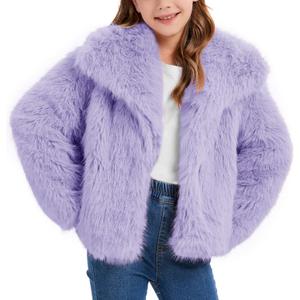Girls Faux Fur Coat Fluffy Furry Fleece Jacket Kids Warm Winter Shaggy Outwear with Pockets (Light Purple), XS