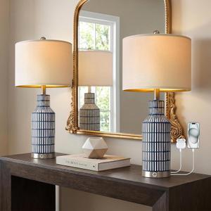 USumkky 25" Modern 3-Way Dimmable Touch Control with USB A+C Ceramic Lamps Set of 2 Table Lamp for Living Room Bedroom Farmhouse Nightstand Bedside Blue