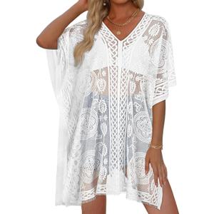 Womens Lace Bathing Suit Cover Up V Neck Beach Coverup Summer Swim Coverups Loose Bikini Beach Dress 2026 (White, XL)