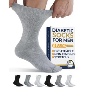 Pembrook Diabetic Socks for Men - 6 Pairs Crew Diabetic Neuropathy Socks for Men | Non Binding (Medium, 2 Black / 2 White / 2 Gray - 6 Pairs)
