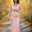 Floral Mesh Bishop Long Sleeve Maternity Midi Dress, Fall Maternity Bodycon Dress for Baby Shower (Pink, M)