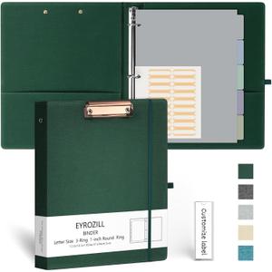 EYROZILL 3 Ring Binder, 1 Inch Linen Binder Organizer for Letter Size (8.5" x 11") with 5 Tab Dividers, File Folder Labels and Low Profile Clipboards, School and Office Supplies-Blackish Green