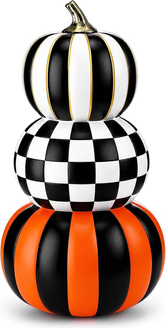 Briwooody 16.9 Inch Stacked Resin Pumpkin Decor, 3 Layers Halloween Artificial Fake Pumpkin Tower, Black White Checkered Orange Striped Halloween Autumn Decoration for Outdoor Indoor Porch Home Party