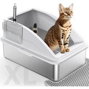 Stainless Steel Cat Litter Box, Extra Large Litter Boxes for Big Cats, Anti-Urine Leakage XL Litter Box with High Sides, Xlarge Metal Litter Box with Lid, Easy Clean, Non-Sticky, Cat Mat & Metal Scoop (X-Large, Silver Gray)