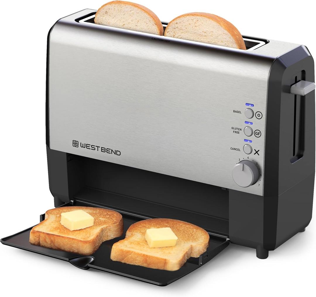 West Bend QuikServe Toaster, 2-Slice Wide-Slot Slide-Through Bread Toaster with Bagel and Gluten-Free Settings and Cool-Touch Exterior Fast Toasting, Includes Removable Serving Tray, 1400-Watts, Silver
