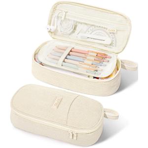 SUNEE Cute Pencil Case, Large Pencil Pouch, Aesthetic Big Pencil Bag with Zipper, Kawaii Stationery Storage and Organizer, School Supplies for Teen and Adult, Boys&Girls, Soft Corduroy Warm Beige