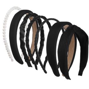 7 Pcs Black Headbands for Women Multi-style Knotted Head Bands Vintage Pearl Hairbands Fashion Wide Padded Hair Band Non Slip Hair Accessory Women Wash Face Thin Thick Party Daily Christmas Halloween