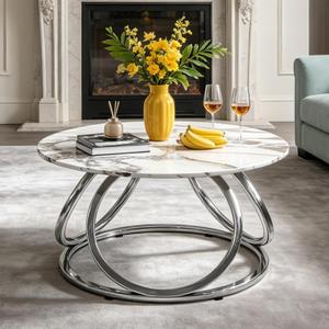 O&K FURNITURE Round Coffee Table, Faux Marble Top with Rich Veins, Silver Chrome Finish Modern Center Table for Living Room, Home Office, 1 PC, 31.5" x 31.5" x 17.9"