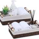 Wicker Storage Basket with Wooden Handle Paper Rope Decorative Toilet Paper Baskets & Bathroom Organizer for Toilet Tank Top, Shelves, Bedroom, Countertop,Home,Office Storage Bins, 2 Pack,Brown