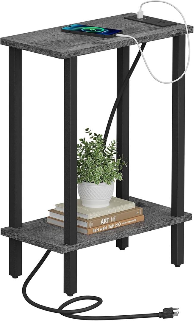 TUTOTAK Small End Table with Charging Station, Narrow Side Table with USB Ports and Outlets, Skinny Sofa Table, Slim Nightstand, Living Room, Bed Room, Charcoal Grey TB01BY060 (2-tier)