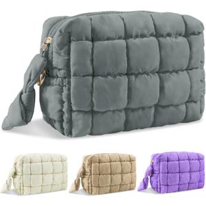 Puffer Quilted Makeup Bag Cosmetic Bags,Puffy Travel Toiletry Pouch for Women,Cute Checkered Zipper Bag Travel Essential,Portable Aesthetic Make up Organizer Bag for Gifts Work Daily(Grey,S)
