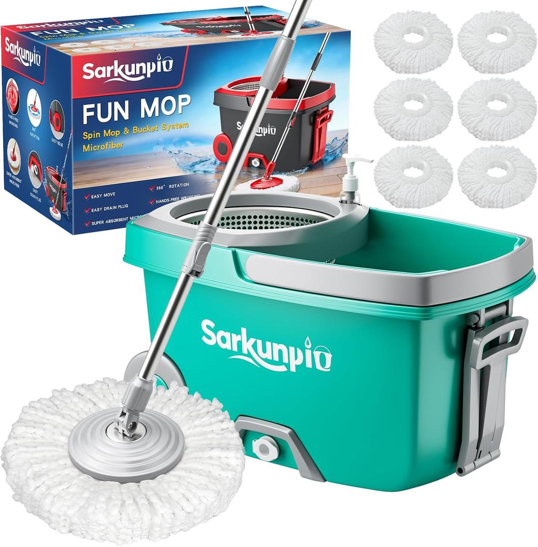 Sarkunpio Mop and Bucket Set with 6 Replacement Microfiber Heads, Blue