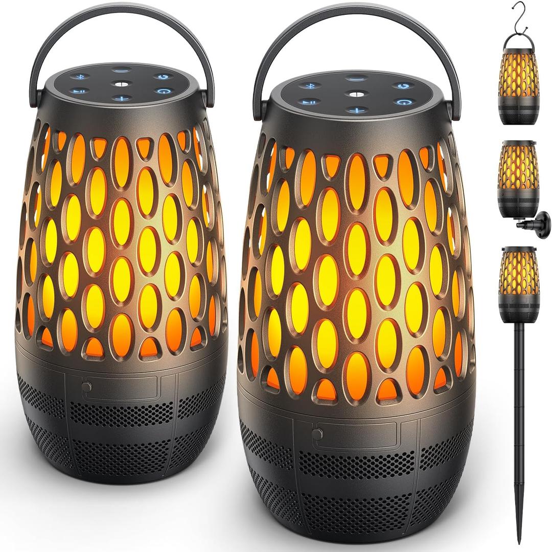 Outdoor Speakers Bluetooth Waterproof IPX6 with Flame Lights, Gadget Gifts for Men/Women, Hd Stereo Sound, BT 5.3 Multi-Sync to 100 Speakers, Portable Wireless Speaker for Patio Cafe Decor Party