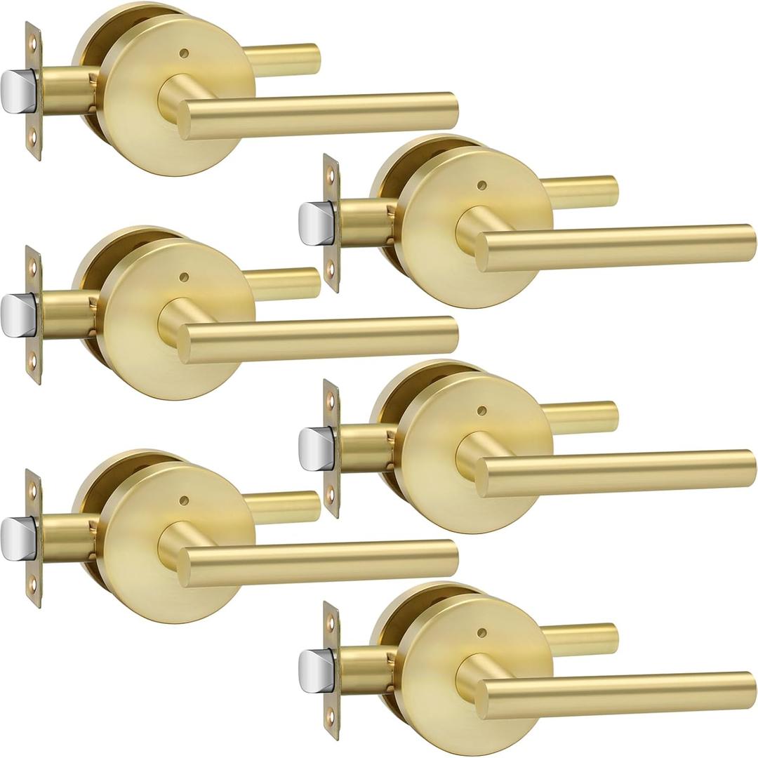 Haidms 6 Pack Gold Door Handles - Brushed Gold Interior Door Lever, Bathroom/Bedroom Privacy Door Handle, Heavy Duty Modern Style