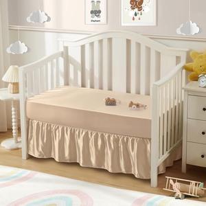 SiinvdaBZX 1-Piece Set Satin Crib Sheets & Crib Bed Skirt, 52" x 28" Silky Soft Ruffled Baby Crib Skirt with Adjustable Elastic 14" Drop, Fit for Standard Crib & Toddler Bedding (Beige)