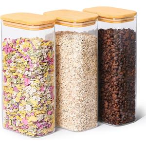 ComSaf 63oz Rectangle Glass Storage Containers with Lids, Glass Jars with Bamboo Lids, Clear Food Jar, Square Canister Set of 3, Pantry Organizers and Storage for Flour Pasta Coffee Bean