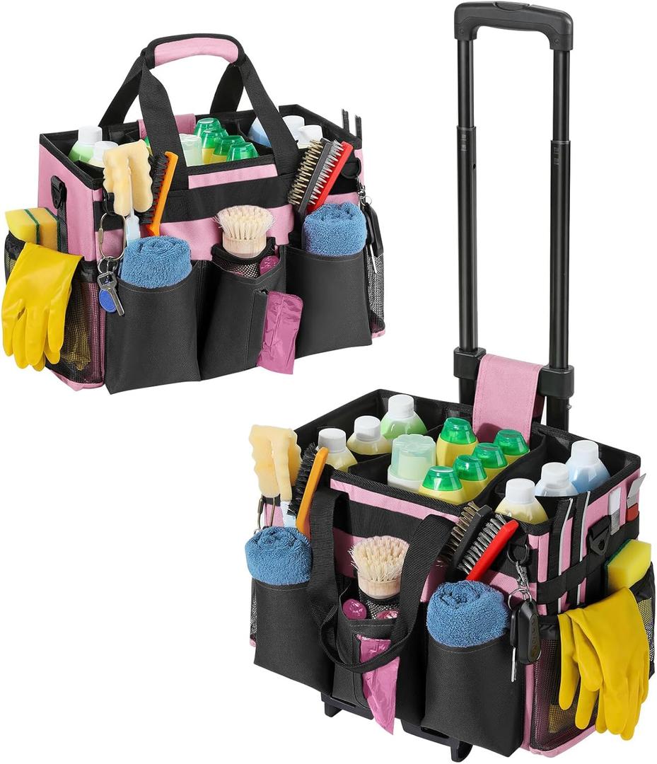 Housolution Rolling Cleaning Caddy Bag with Detachable Trolley, Professional Portable Large Cleaning Bag with Wheels, Home Organiser Wearable Cleaning Supply Bag on Wheels for Housekeepers, Pink