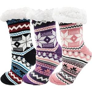 Fluffy Thermal Sherpa Slipper Socks, 3 Pairs for Women, Ultra Soft Christmas Winter Non Skid (Snowflakes)