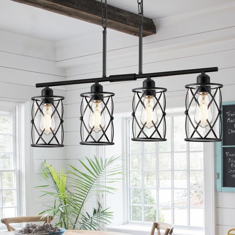 4-Light Kitchen Island Lighting, Modern Black Dining Room Light Fixtures with Clear Glass, Farmhouse Industrial Linear Chandelier Pendant Light with Adjustable Chain, CH9176BK-4IS
