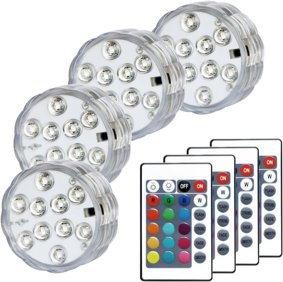 Submersible LED Lights with Remote, Color Changing Battery Powered Underwater LED Light Pucks for Pool Pond Camping Bucket Decoration (4 Packs) (2.8in 4P)
