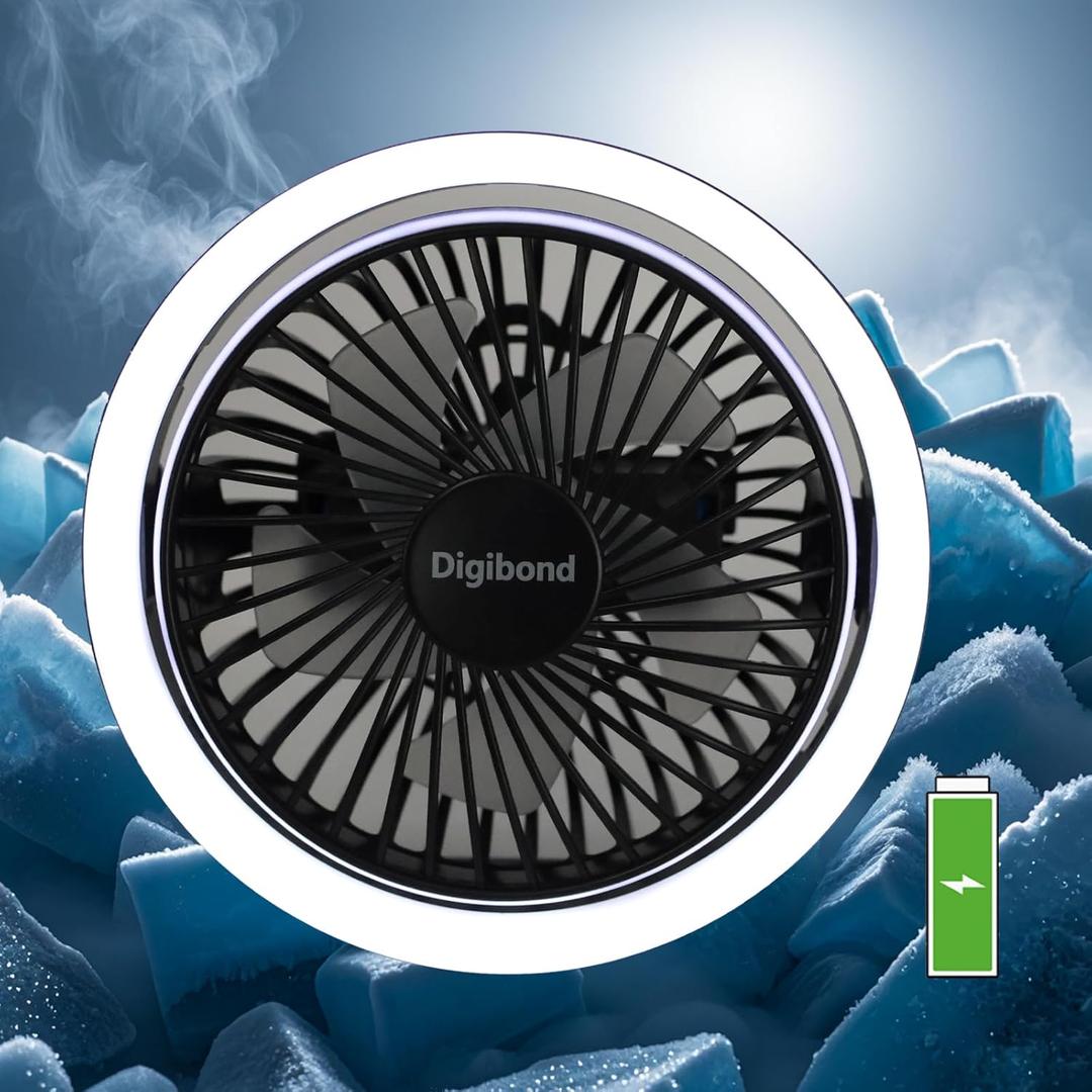 Digibond Small Fan, High Power Silent Desk Fan Portable USB Fan 3000mAh Rechargeable Battery Powered, 3 Speed 5.3in with Night Light/Hook,180Rotated Easy Clean (Black)