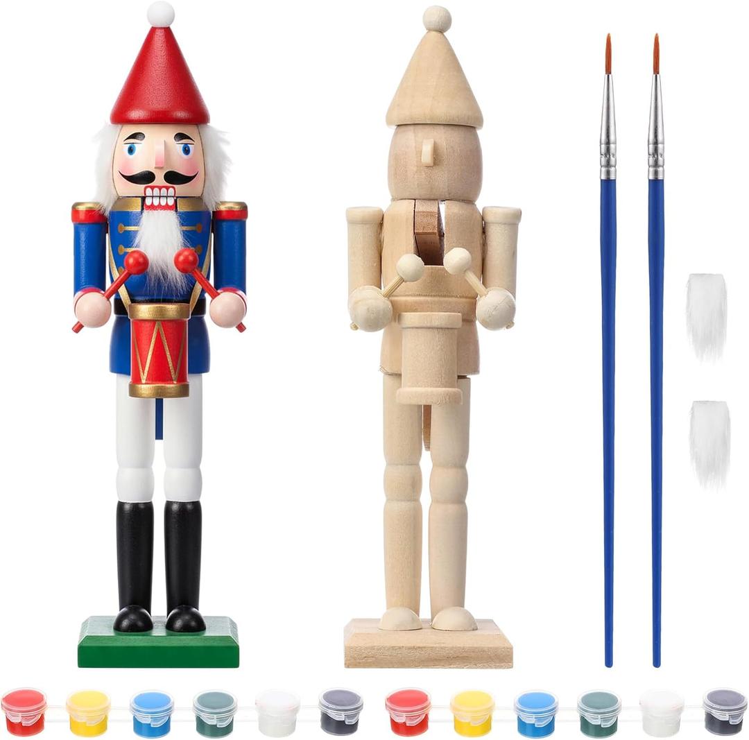 Christmas Wooden Unfinished Nutcracker Figurines 7 Inch DIY Unpainted Nutcracker Drummer with Paint, Paintbrush and Beard Set for Xmas Decoration Crafts Puppet(2 Pcs)