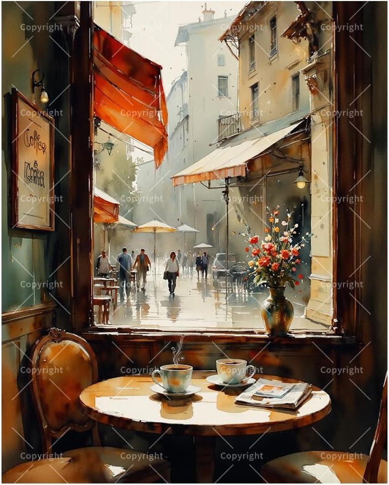 Rainy Day Parisian Paint by Numbers Kit for Adults - DIY Cafe Street Painting on Canvas, Acrylic Paint Set, Suitable for Beginners, Art for Home Decoration or Gifts(16X20IN Framed)
