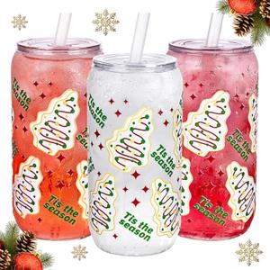 Ciaell 16PCS Christmas Tree Plastic Cups - 16oz Can Shaped Drinking Glasses - Disposable Beer Glasses with Lids and Straws for Coffee Cocktail Soda Boba Smoothie Christmas Party Gift
