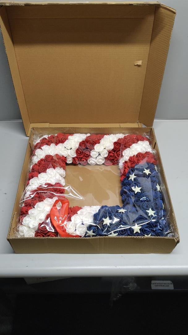 18 Inch Patriotic Red White Blue Large Size Square Shape Flower Wreath for Front Door, Forth of July American Flag Color Soft Touch Floral Wreath for Indoor and Outdoor, July 4th Home Decor