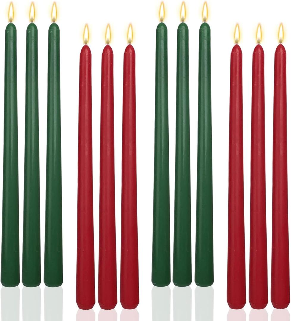 12 Inch Christmas Taper Candles Unscented Smokeless Long Tall Tapered Candle for Candlesticks Sticks Wedding Advent Home Decor DinnerSet of 12,Redgreen