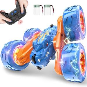 SpringFlower Remote Control Car Toy for Boys 3 4 5 6 7 8 Years Olds, Rechargeable Dinosaur RC Cars,360° Flip Double Sided RC Stunt Cars with Led Light, Dinosaur Toys for Kids Birthday Xmas Gifts,Blue