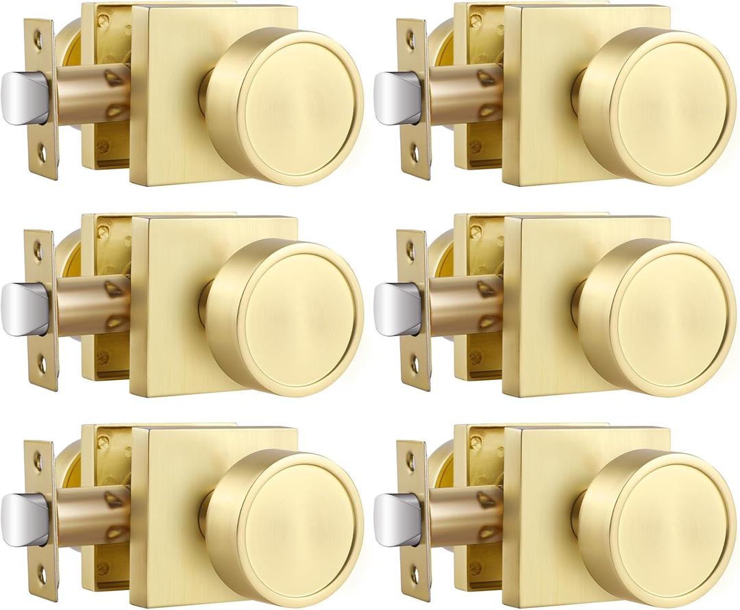 Haidms Gold Passage Door Knobs Interior, Zinc Alloy Brushed Gold Closet Door Knobs, Heavy Duty Round Brushed Brass Doorknobs for Hall Closet,Hallway(6 Pack)