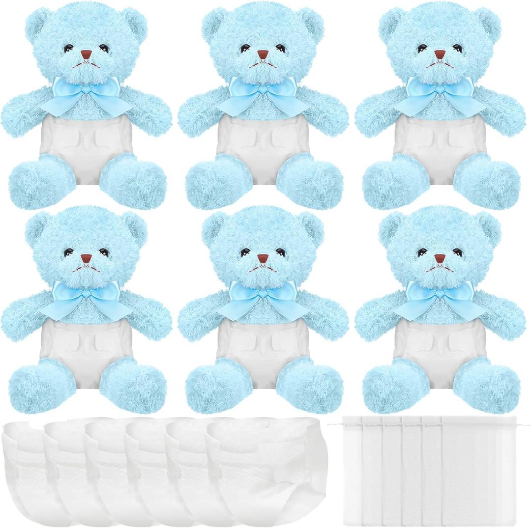 6 Sets Bear Blindfolded Diaper Changing Coed Baby Shower Games Kit Baby Dolls Bears Diapers for Bridal Shower Gender Reveal Games Prizes Gifts for Adults Boys Girls (Blue)