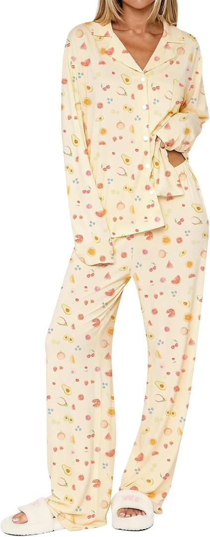 Dressmine Ladies Long Sleeve Cute Pajama Sets 2 Piece Fall Outfits Button Up Pjs Set Loungewear, Size XS
