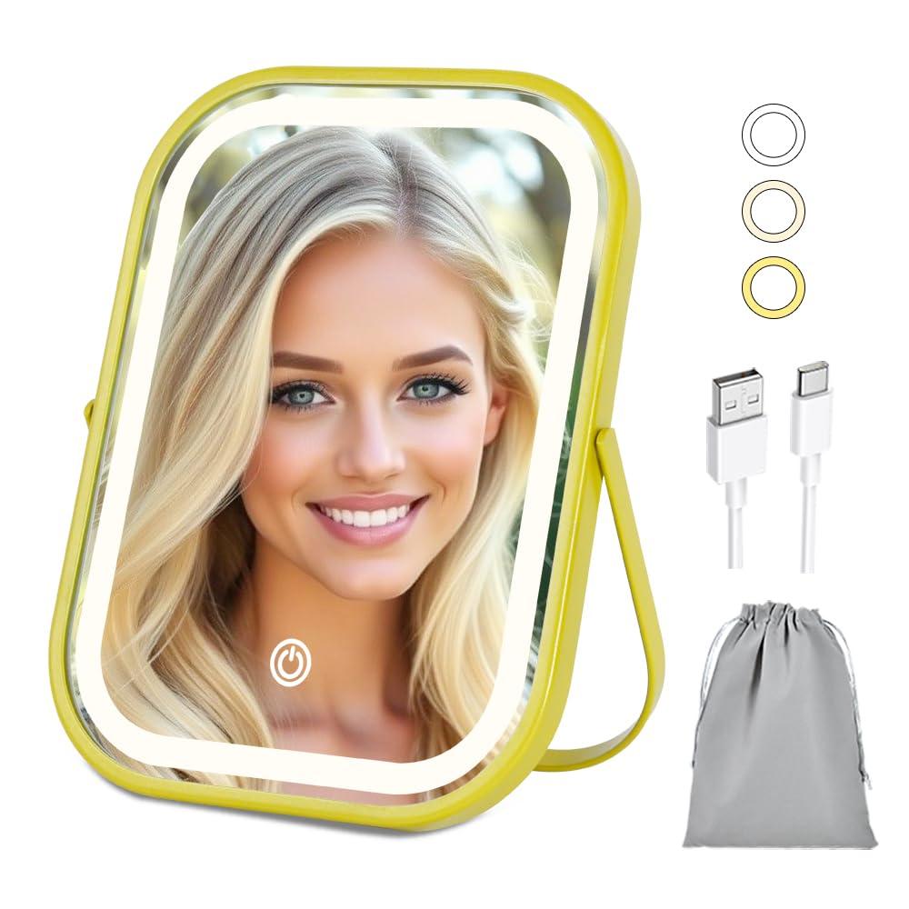 Rechargeable Vanity Mirror with Lights, Lighted Makeup Mirror with Lights,Smart Touch Control Dimmable 3 Modes Light (8"L x 6"W, Gold)