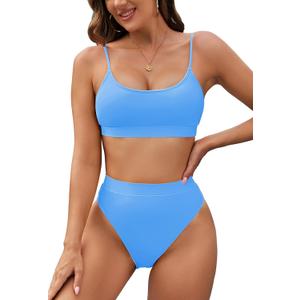 Pink Queen Women's 2 Piece High Waisted Bikini Set Scoop Neck Sporty High Cut Swimsuit Bathing Suit Sky Blue M