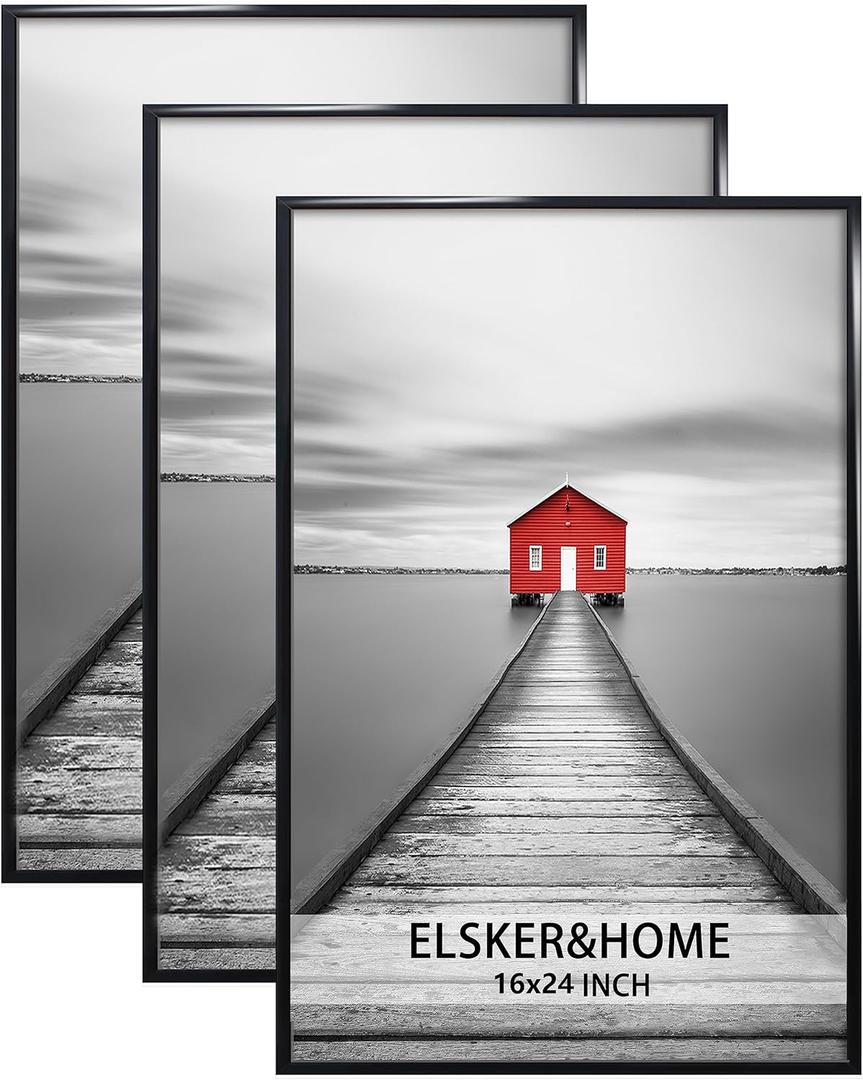 ELSKER&HOME 16x24 Poster Frame 3 Pack, Black Picture Frame for Horizontal or Vertical Wall Mounting, Sturdy and Scratch-proof